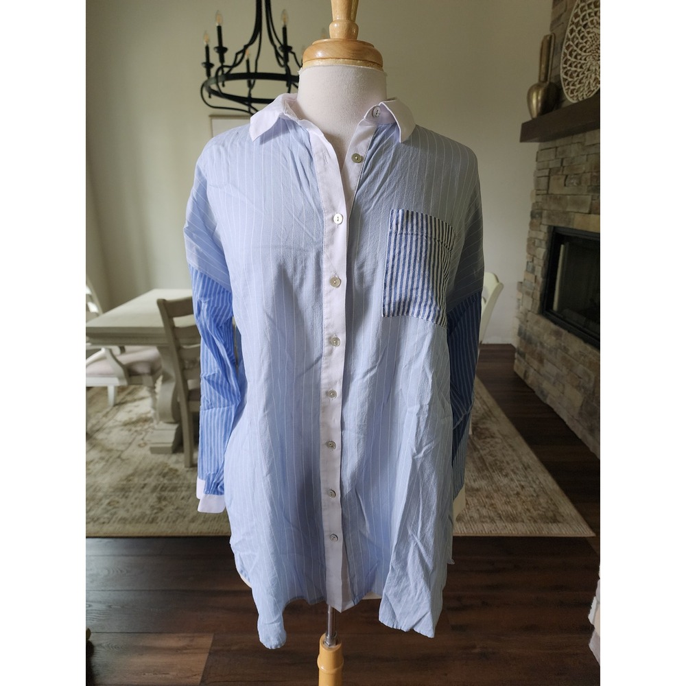 J. Jill Blue Mixed Stripe Button‎ Down Tunic Shirt Womens Medium Cotton